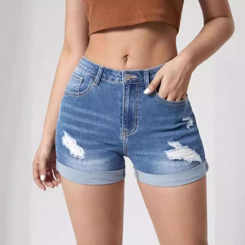 Shorts Women Denim Shorts Trendy Ripped Cuffed Elasticity High Waist Denim Shorts Women Hot Pants Jean Shorts