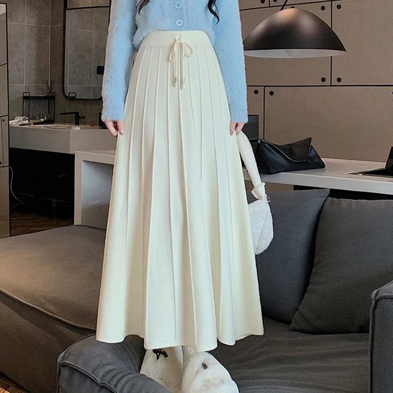Rimocy Vintage Knitted Long Skirts for Women Winter High Waist Sweater Pleated Skirt Woman Solid Color All Match A Line Skirts 250527