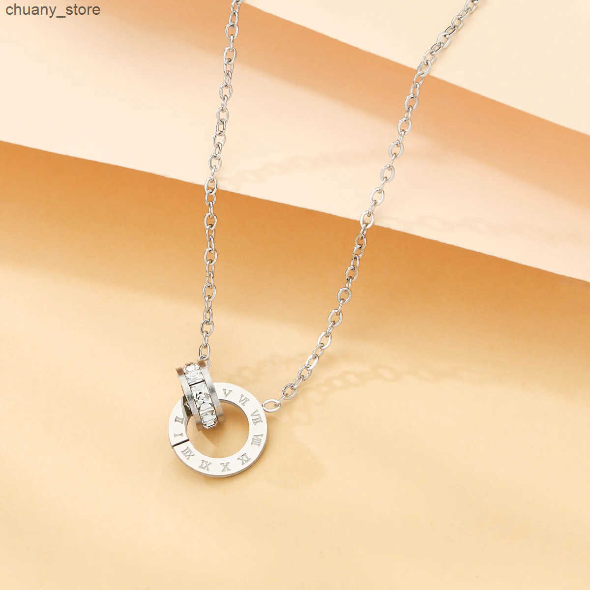 1 Piece New Creative Roman Digital Zircon Pendant Necklaces for Women Popular double ring hollow round stainless steel necklace z250530ZKQ0