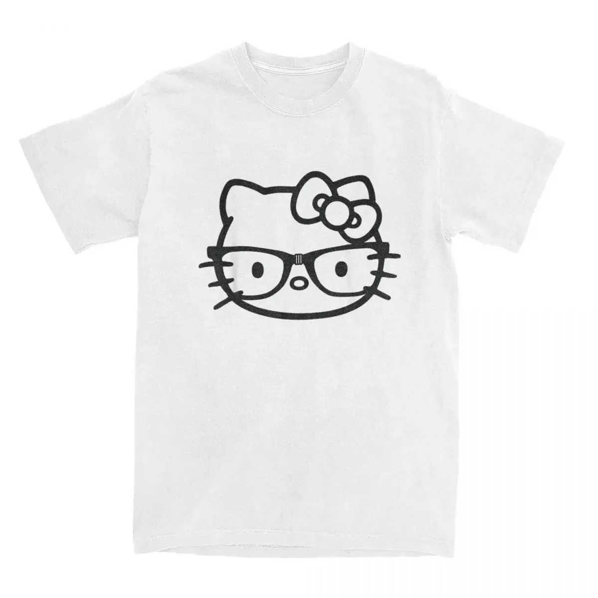 Hello Kitty Black And White Nerd Glasses T Shirts Men Womens Pure Cotton Male T-Shirt Crewneck Tees Short Sleeve Casual Topsw250530