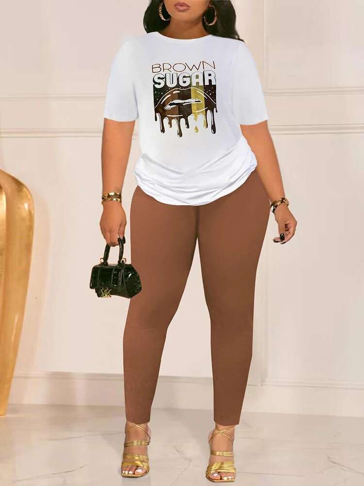 Plus Size Lip Letter Print Pants Set Woman 2025 Summer Casual Crew Neck T-shirts Tops+casual Pant Sets Women 2 Piece Outfits