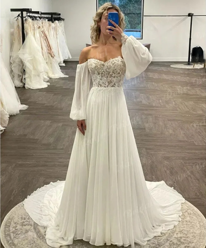 Side Split Boho A Line Wedding Dress Off the Shoulder Lace Chiffon Long Puff Sleeve Appliques Beach Bridal Gown