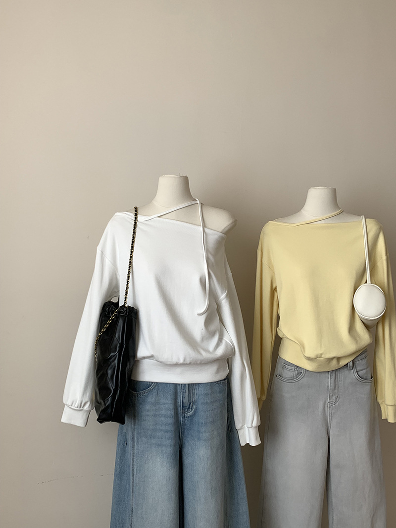 LL1409 oblique collar one shoulder tie sweater women 25 spring new long sleeve design top