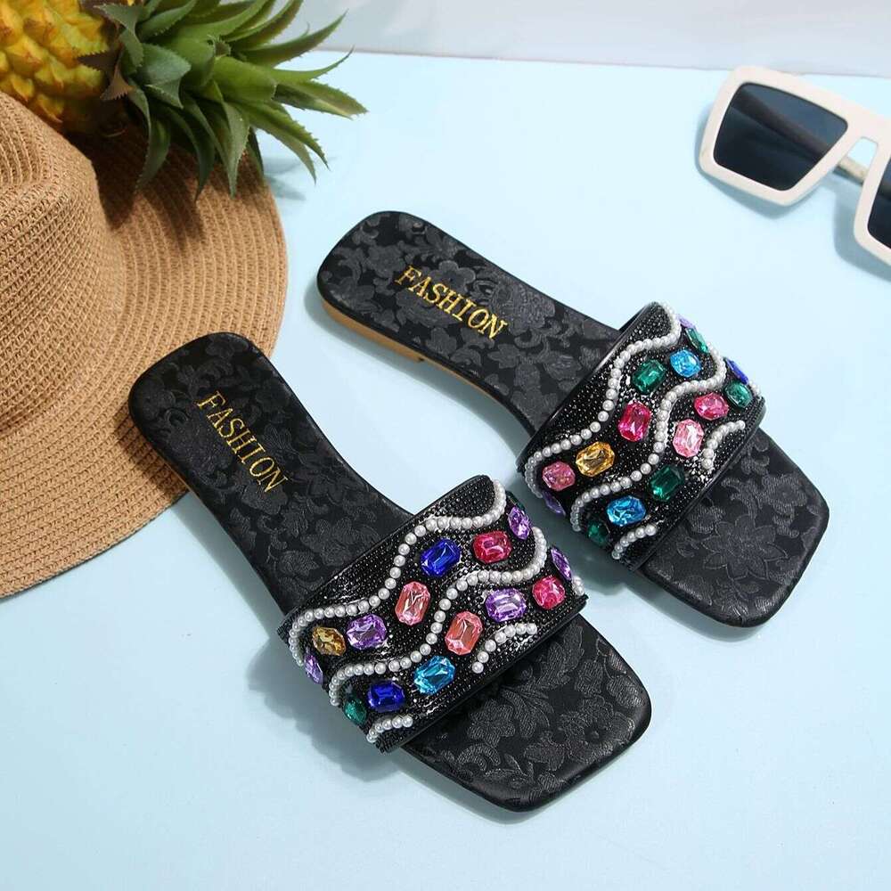Designer Sandals Diamond Large Beach Slippers 2025 Summer New Style Outerwear Women's Straw Square Head One Word Casual Cool Straw Free Shipping