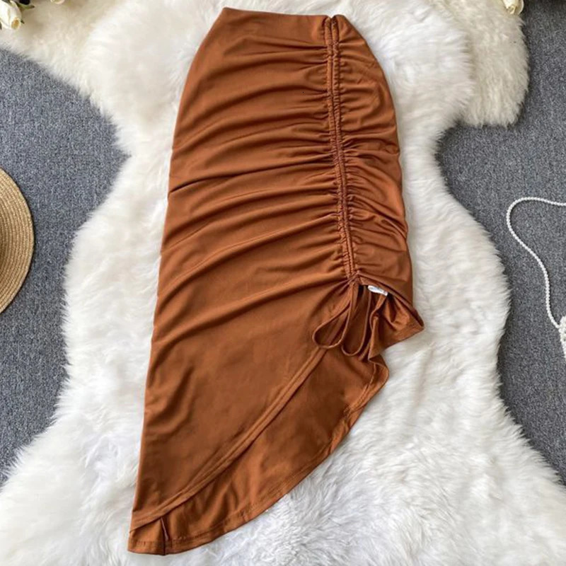 Women Clothes Office Lady Wrap Buttock Sexy Midi Skirt Elegant Solid Draped Irregular Lace up Drawstring Folds High Split Dress 250527