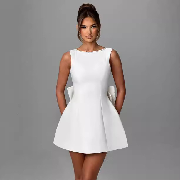 designer dress summer women's fashion pearl bowknot slim fit short backless hot girl aline dress dresses for woman