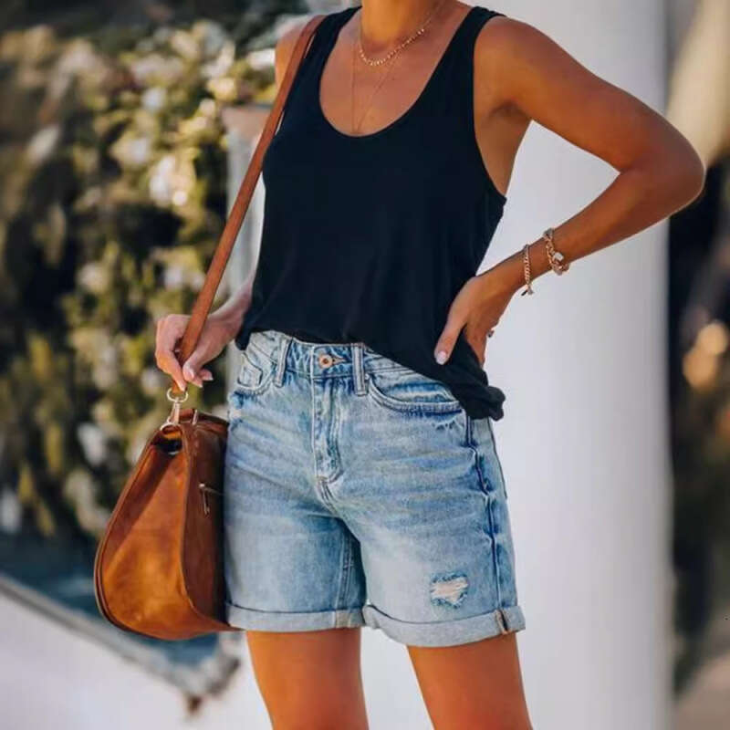 Shorts Women Denim Shorts Summer Fashion Street Style Rolled Hem Distressed Straight Leg Women Denim Shorts Jean Shorts Blue denim shorts