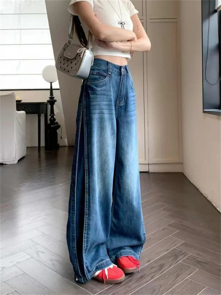 Womens Button n High Waisted Summer Blue Jeans Street Style Wide Legs Trousers Cool Girl Casual Bottoms Female Denim Pants 250530
