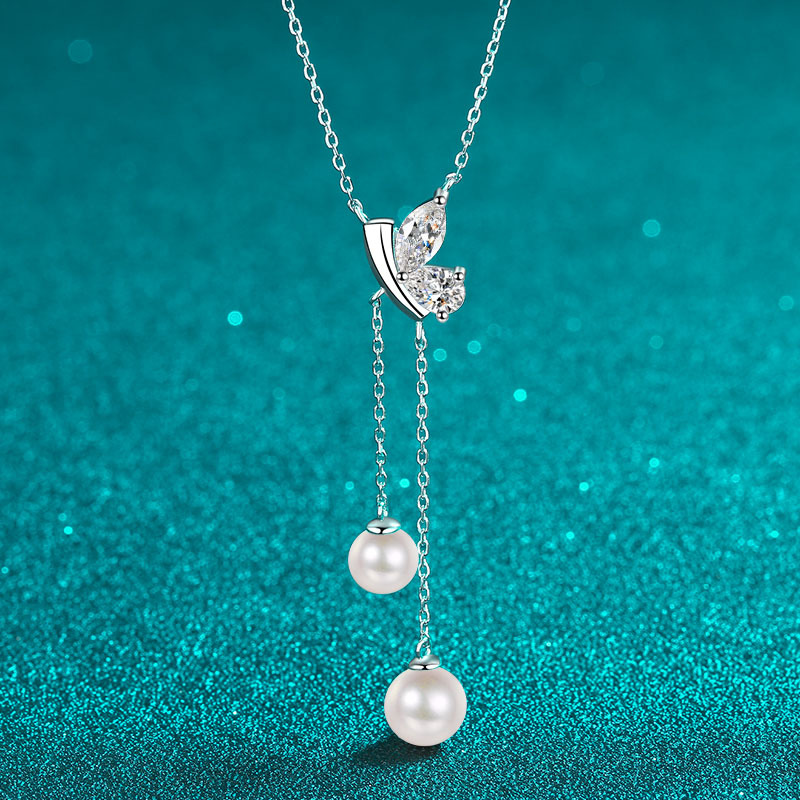 925 sterling silver necklace for women with moissanite and freshwater pearls PT950 gold plated elegant minimalist clavicle chain