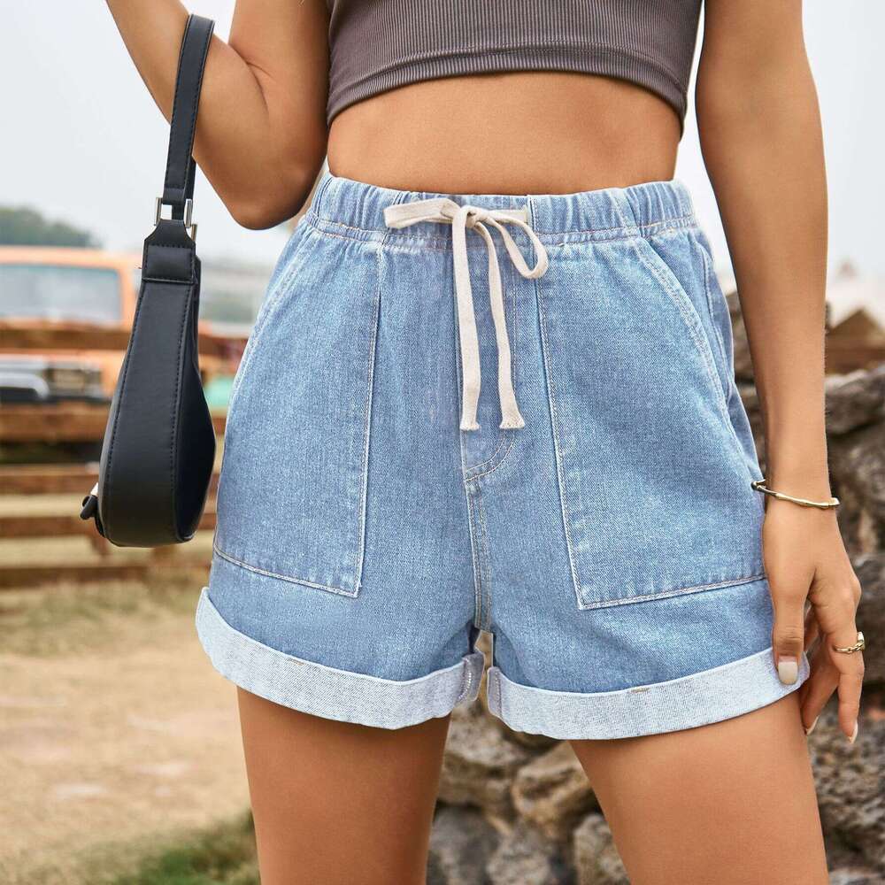 Shorts Women Denim Shorts New Style Drawstring Elastic Waist Casual Cuffed Denim Shorts For Women Jean Shorts
