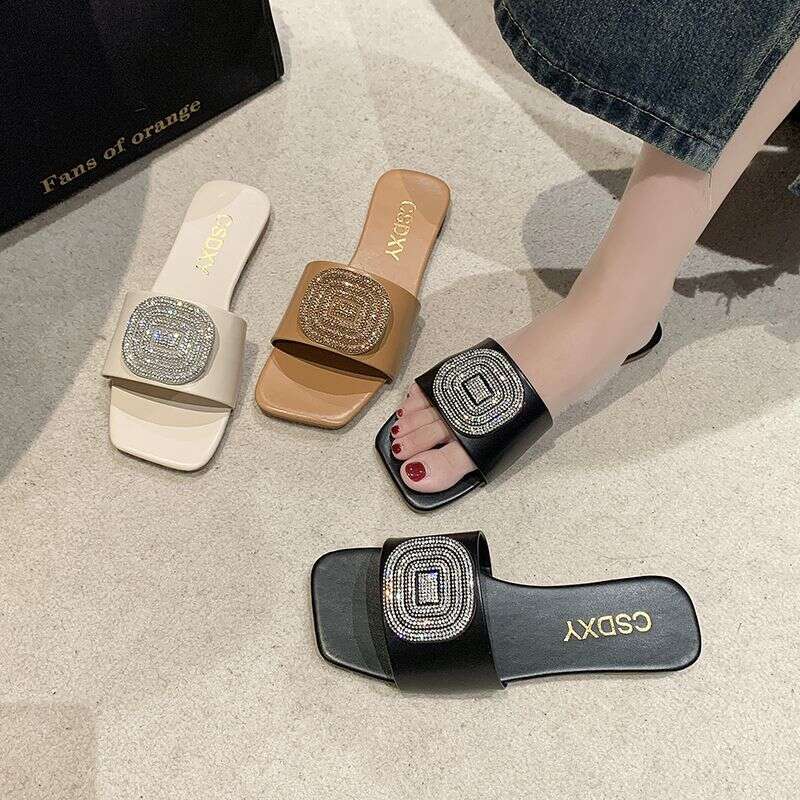 2025 Summer New Large Flat Flat Slippers For Women, Diamond Round Buckle, Open Toe, Square Head, Cool Dragging, Wholesale Designer Sandals, Free Shipp