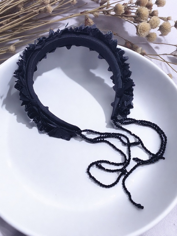 Black Lace High Crown Headband with Crystal Tassels - Elegant Fashion Accessory
