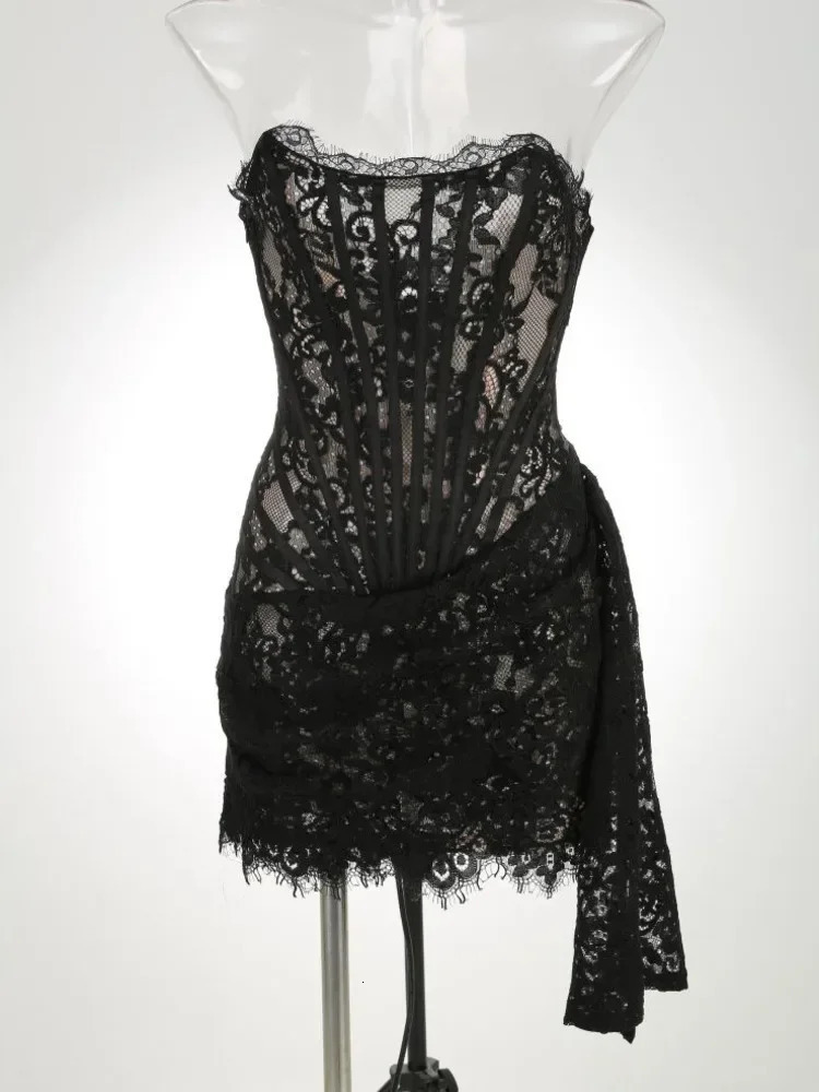 XIAOTANG Elegant Lace Strapless Sexy Mini Dress for Women Fashion Offshoulder Irregular Ruched Bodycon Night Club Party Dress 250530