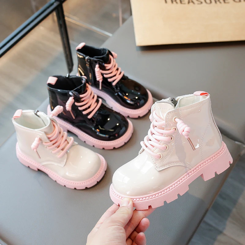 Girls Autumn Boots Patent Leather Platform Zipper Sweet Kids Short Boot Fashion Mid-Calf Solid Color Daily Children Shoes 250527