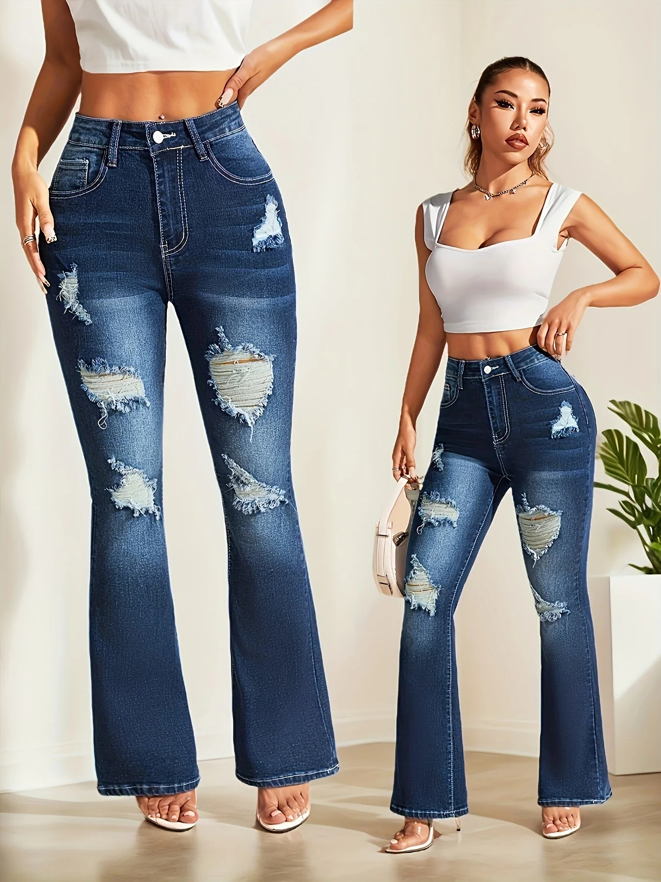 Womens jeans ed with holes old elastic blue retro style versatile denim pants clothing for all seasons 250530