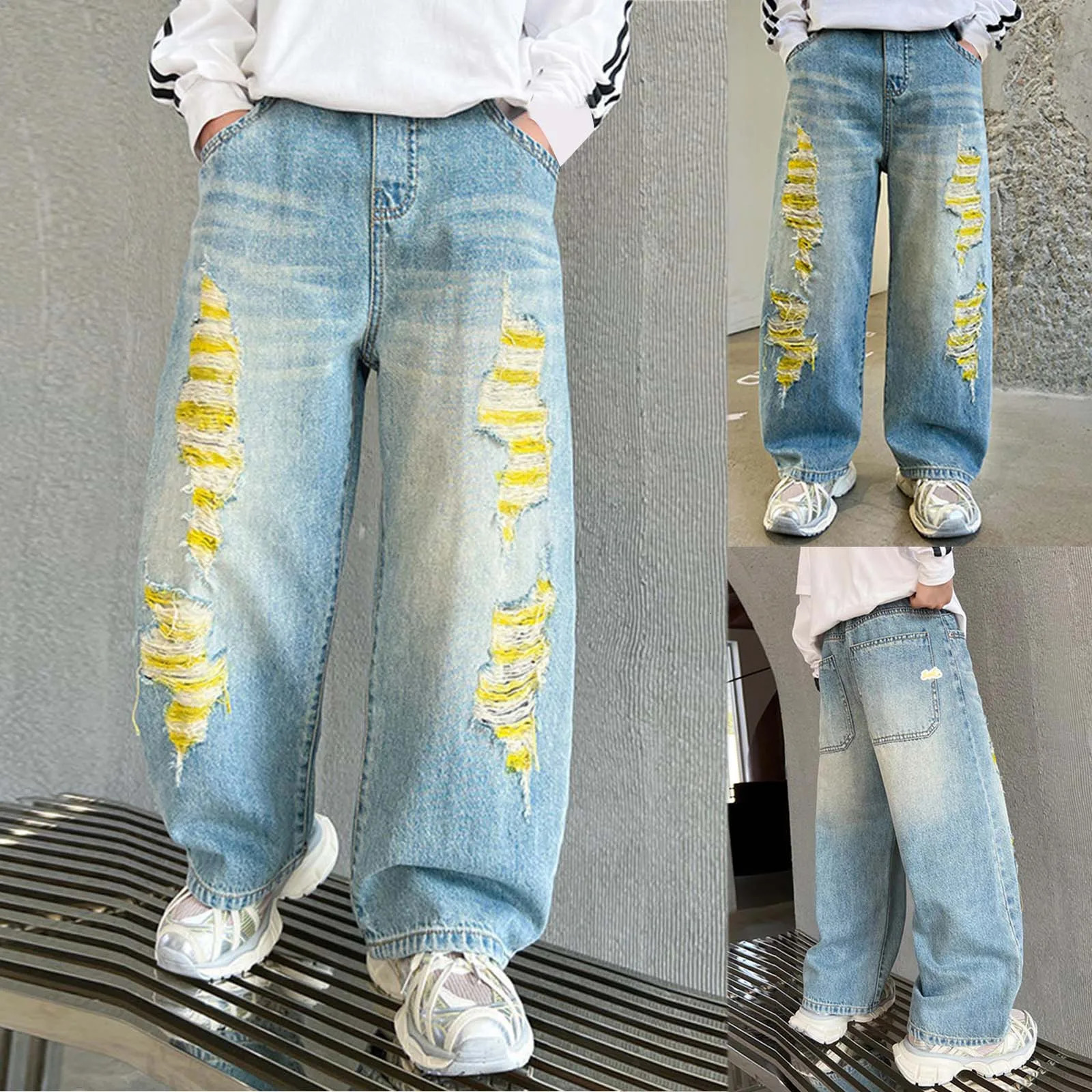 Boys Fleece Jacket Boys Jeans Spring And Summer Teenagers Fashionable Overalls Ripped Jeans Straight Leg Pant Baby 6 Month 250527