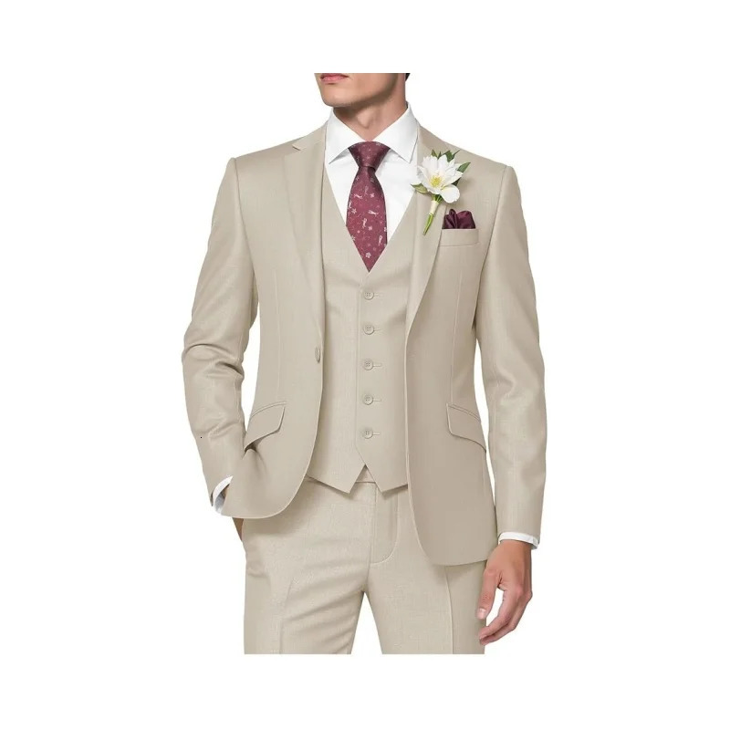 Mens 3-Piece Suit Slim Fit Business Wedding Groomsmen Prom Suits One Button Blazer Jacket Vest Trousers Tuxedo Set 250527