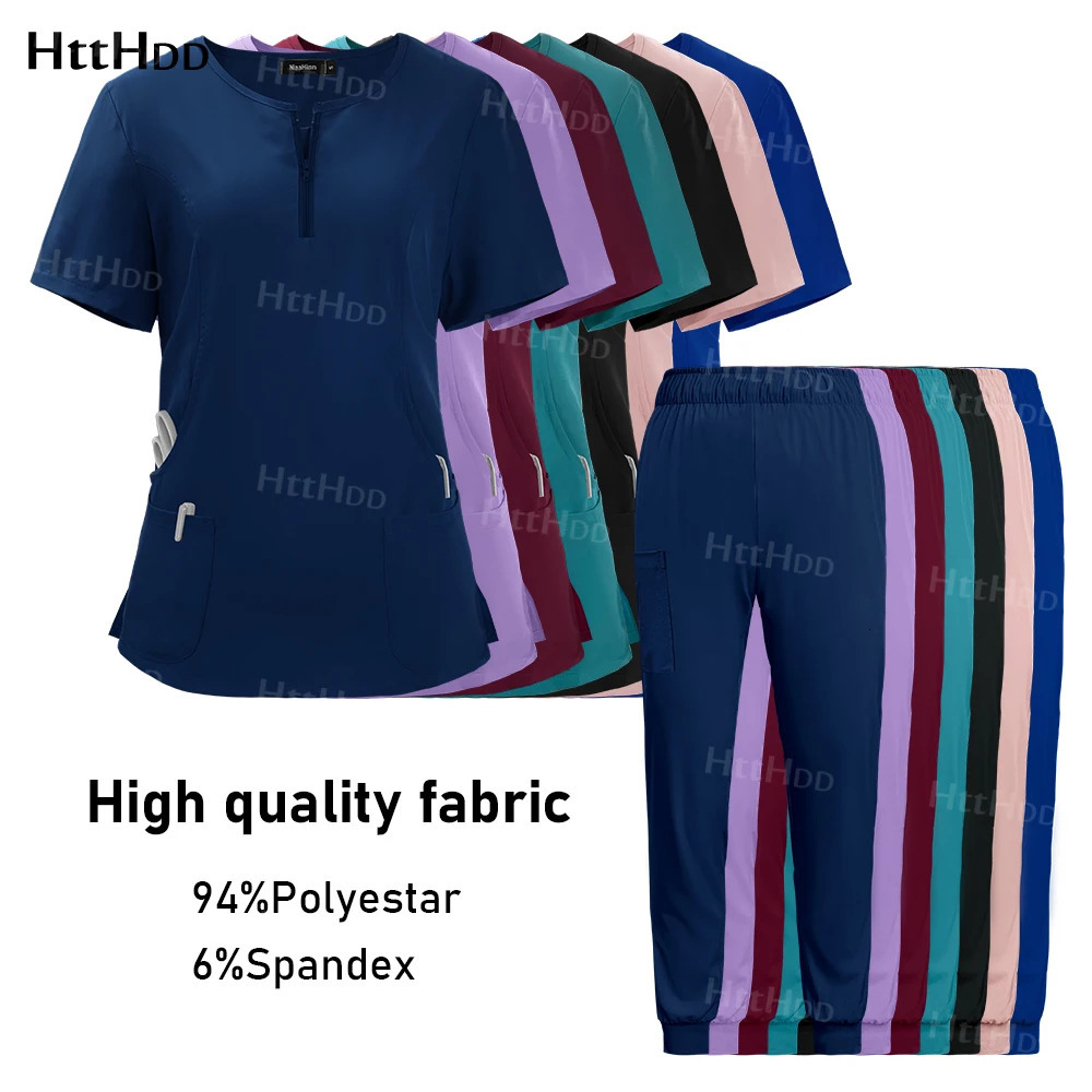 Spa Uniform Scrubs Women Breathable Soft Short Sleeved Top Joggers Pants Zipper Collar Beauty Salon Nail Technician Work 250530