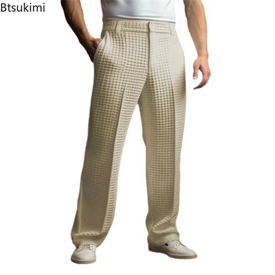 New 2025 Mens Elegant Waffle Suit Pants Solid Loose Straight Trousers Business Social Dress Pants Casual Vacation Pants for Men W250530