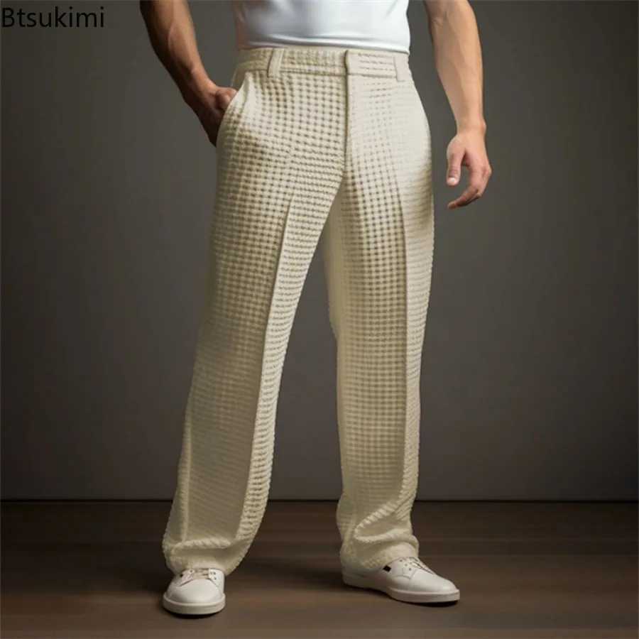 New 2025 Mens Elegant Waffle Suit Pants Solid Loose Straight Trousers Business Social Dress Pants Casual Vacation Pants for Men W250530