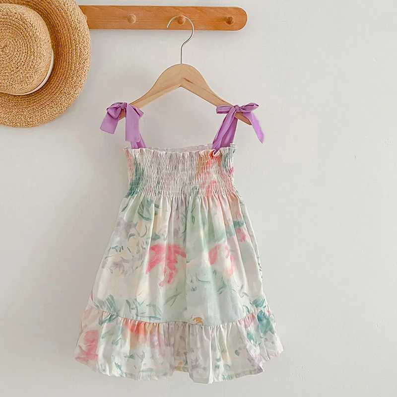 1-6Yrs Toddler Clothing Girls Beach Floral Dress Summer Purple Bow Dress Cozy Baby Cotton Smocked Slip dress Girls Boho Dress R250530