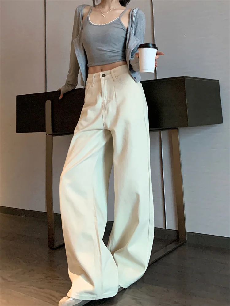 Y2K Summer Womens Jeans Cream Wide Leg Denim Pants | High Waist Baggy Straight FloorDragging Trousers 250530