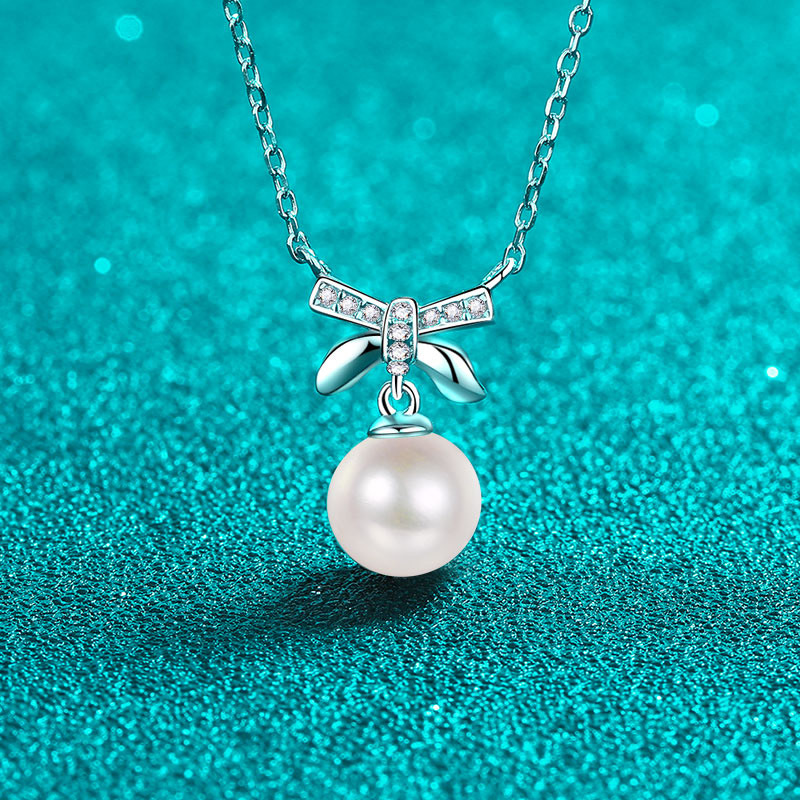 S925 Sterling Silver Moissanite Pearl Bow Pendant Clavicle Necklace Sweet Cute Girlish Minimalist Fashionable High-End Jewelry