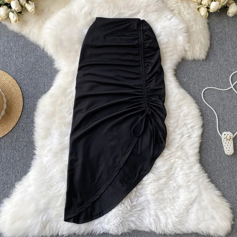 Women Clothes Office Lady Wrap Buttock Sexy Midi Skirt Elegant Solid Draped Irregular Lace up Drawstring Folds High Split Dress 250527