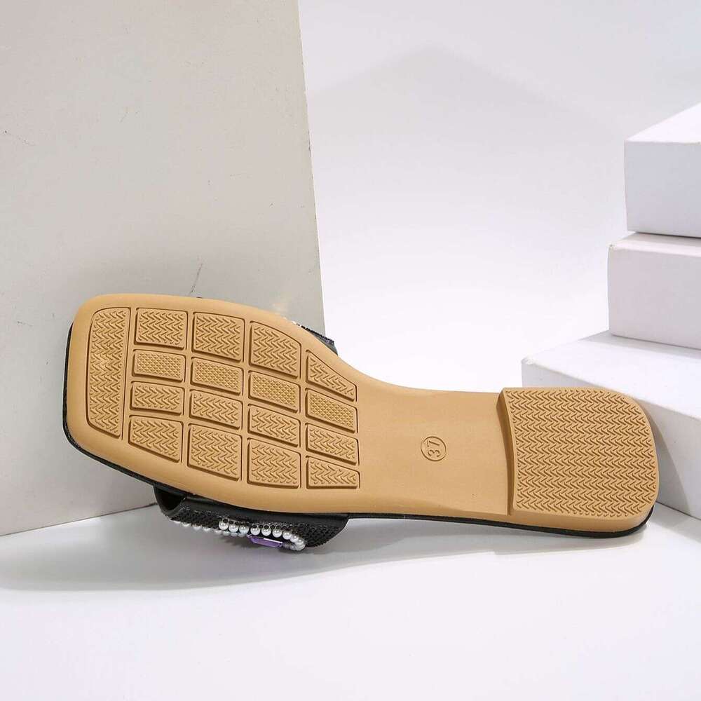 Beaded Colored Diamond Flat Sandals For Women's Outdoor Wear In The Summer Of 2025 New Plus Size Square Toe Casual One-piece Slippers Designer Sa
