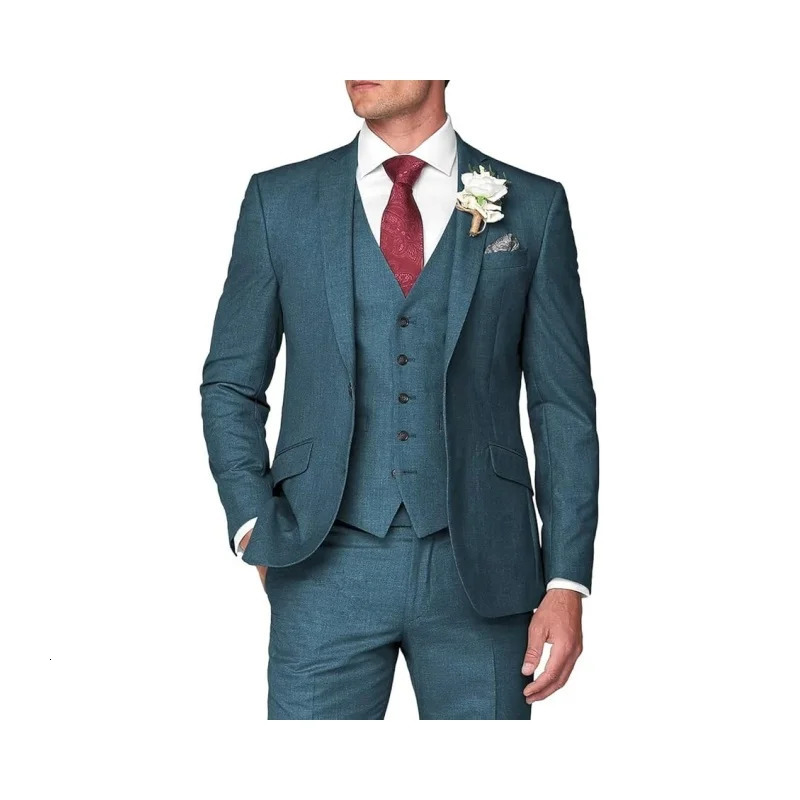 Mens 3-Piece Suit Slim Fit Business Wedding Groomsmen Prom Suits One Button Blazer Jacket Vest Trousers Tuxedo Set 250527