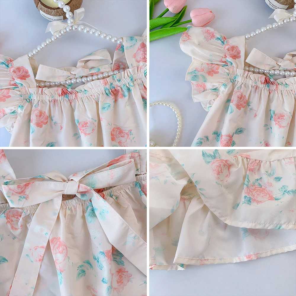 New Summer Girls Dress With Ruffles Flying Sleeves Flower Print Dress Girls Kids Cute Fresh Print Princess Dress R250530