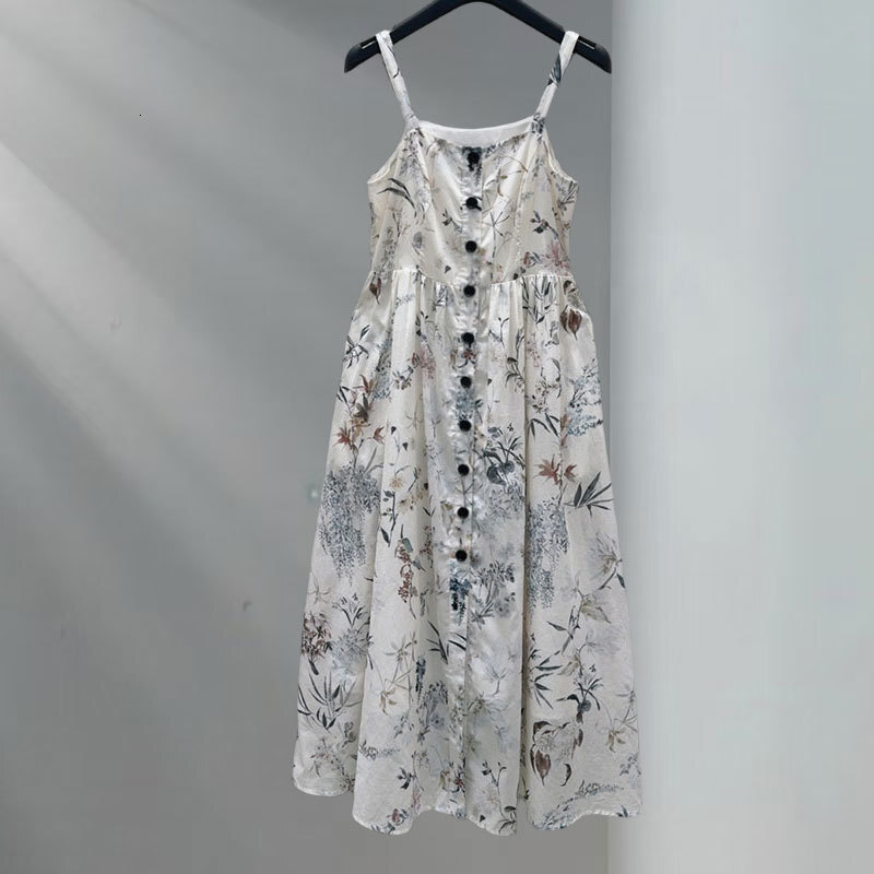 Fashion Runway Women's Cotton Print Camisole Dress Summer New Arrival Square Neck Single Breasted Waist-Up Sleeveless Long Pleated Dress Classic 