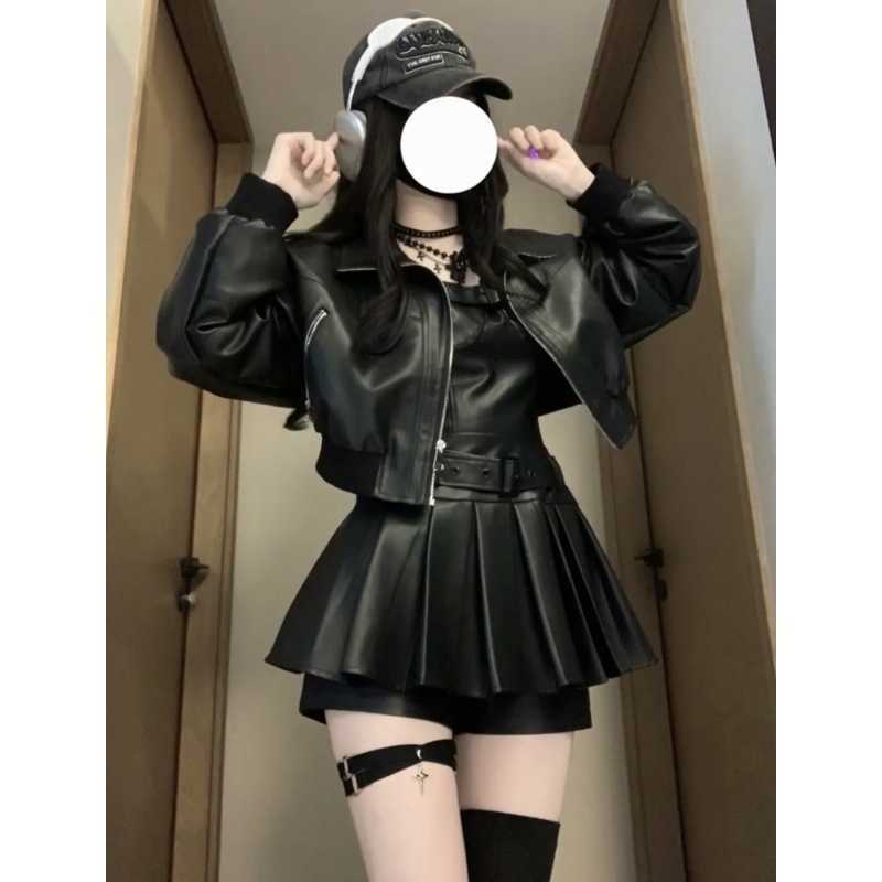 Y2K Women Streetwear Heart Shape Leather Outfit Two Piece Harajuku Gothic Jacket Cropped Denim Patchwork Pleated Mini Skirt SuitT250321
