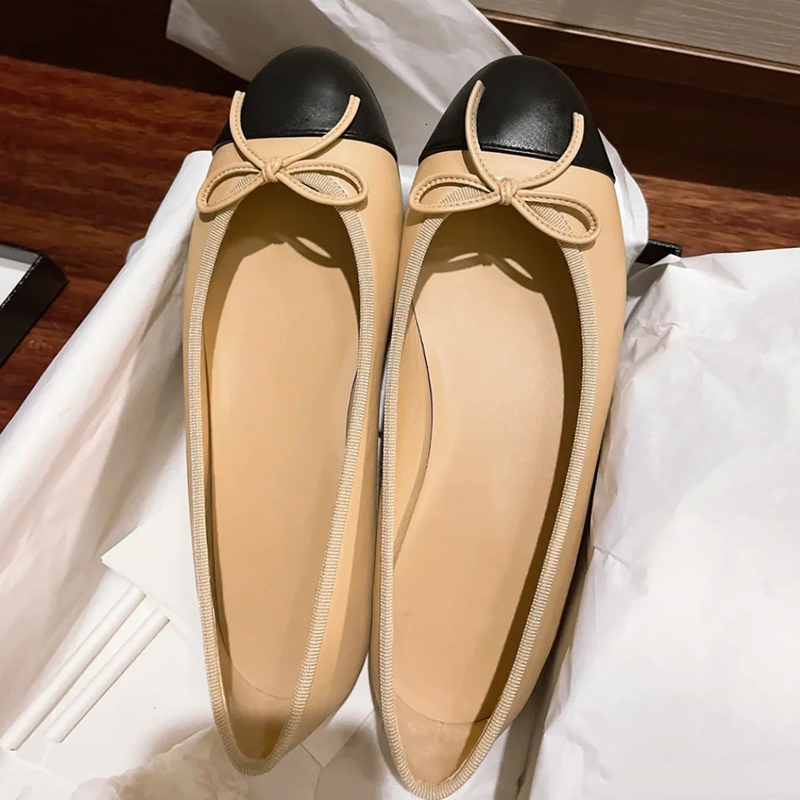 Designer Dress Shoes Ballet Shoes Woman Fashion Quilted Leather Letter Bow Flat Boat Shoe Ballerina Formal Round Toe Chunky Heel Slingbacks Party Wedding Sandals