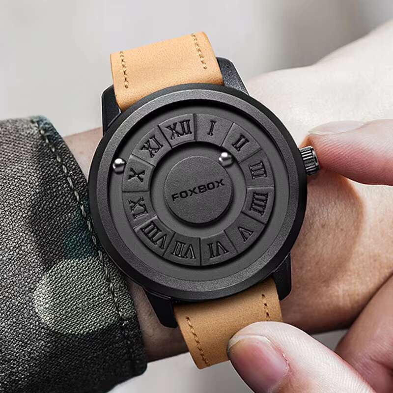 Creative Rolling Pointer Magnetic Quartz Leather Watch Mens Relogio Masculino