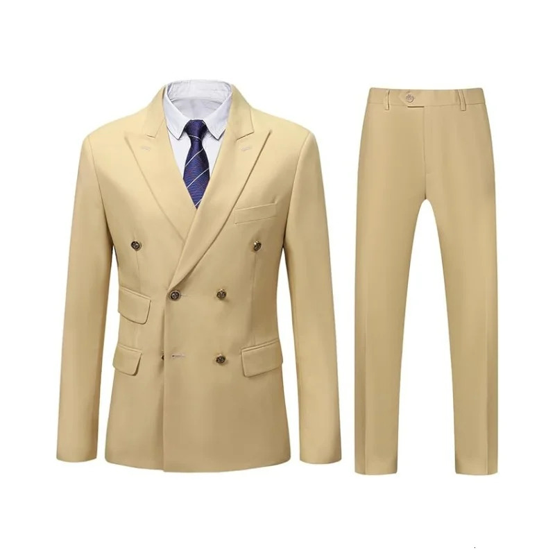 Mens Double-Breasted Suit 2-Piece Suits with Lapels Slim Fit Jacket Trousers for Wedding Business 250527