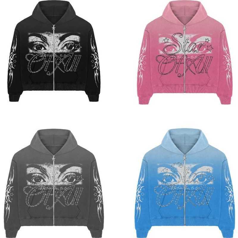 Y2K vintage Harajuku Zip up Hoodie Oversized Unisex Streetwear Beautiful Eye Graphic Printed High Quality Hoodie Mens Clothing W250530