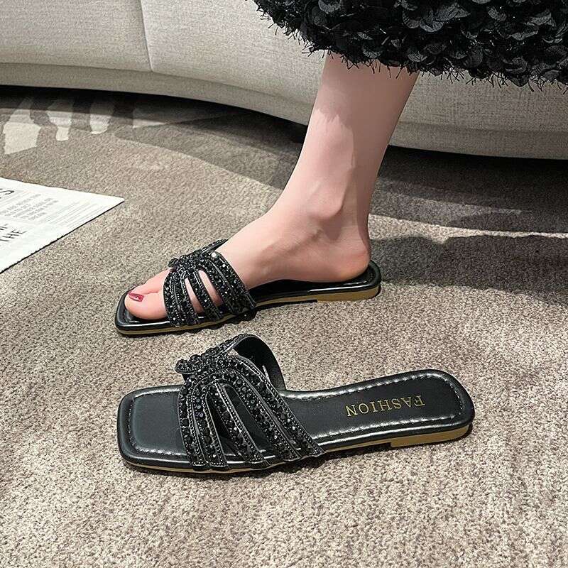 Water Diamond Decorative Flat Slippers For Women 2025 Summer New Collection Solid Color Lightweight Women's Sandals Large Luxury Women's Sho