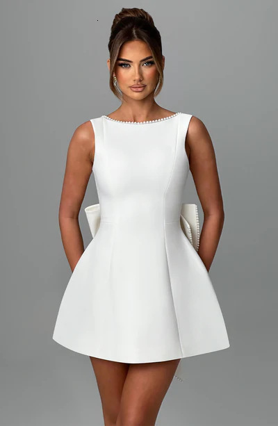 designer dress summer women's fashion pearl bowknot slim fit short backless hot girl aline dress dresses for woman