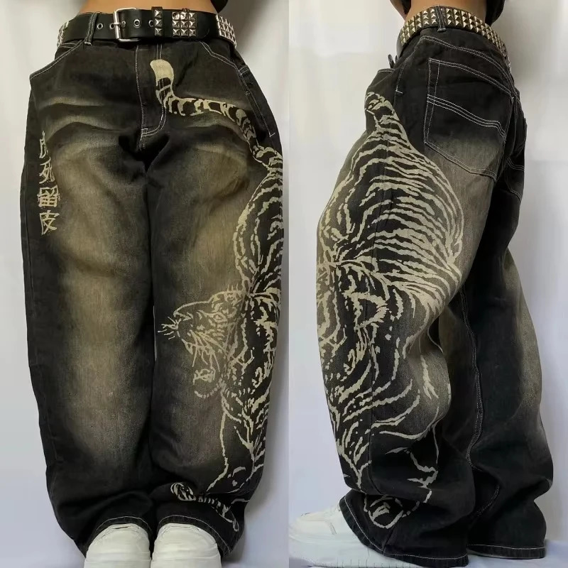 Streetwear Fashion Oversized Print Baggy Jeans Y2K Harajuku Hip Hop Vintage Goth High Waist Wideleg Pants Trousers 250530
