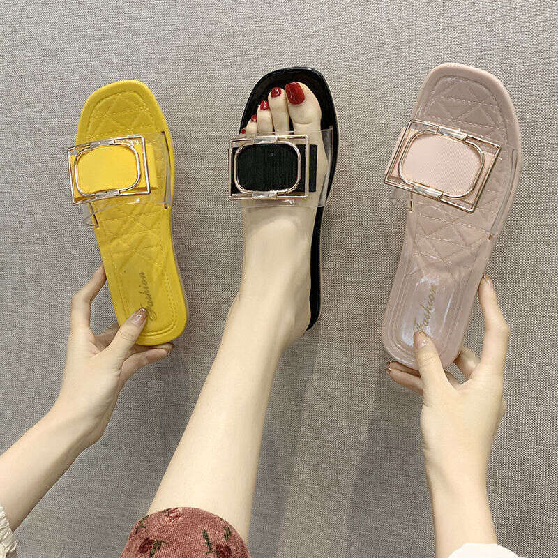 New Women's Square Buckle Summer Outdoor Fashionable And Versatile Transparent Jelly Color Casual Student Slippers Designer Sandals Free Shipping