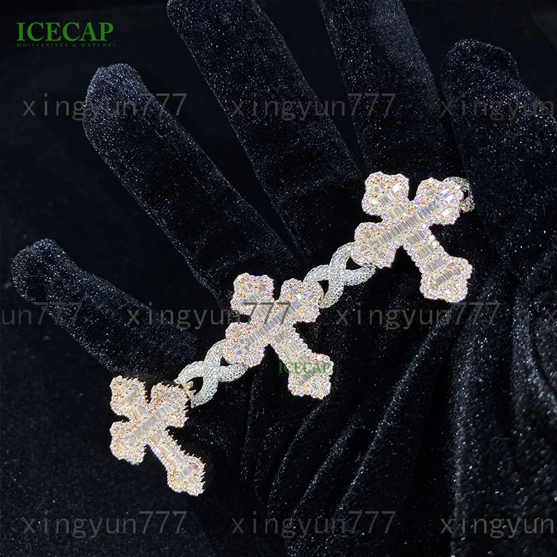 Icecap Custom Cross Cuban Bracelet Hip Jewelry VVS Moissanite Diamond Bracelet 925 Sterling Silver Charm Bracelet for Bulk