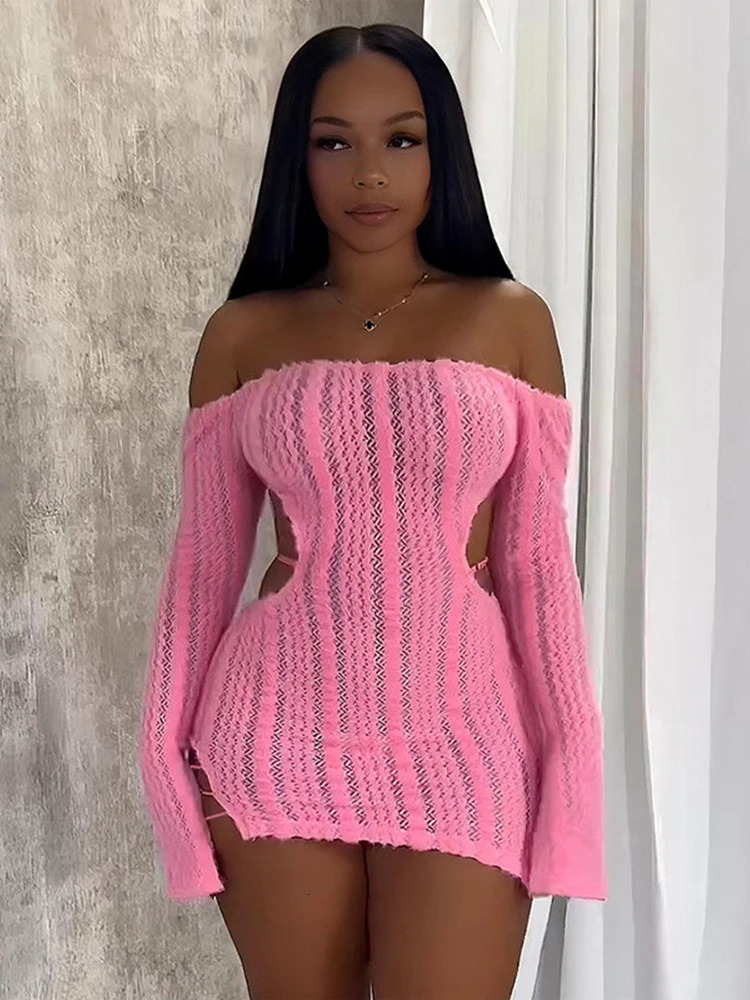 Weird Puss Slash Neck Backless Dress Women Sexy Knit Hollow Chic Trend Irregular Elegant Skinny Streetwear Midnight Side Bodycon 250530