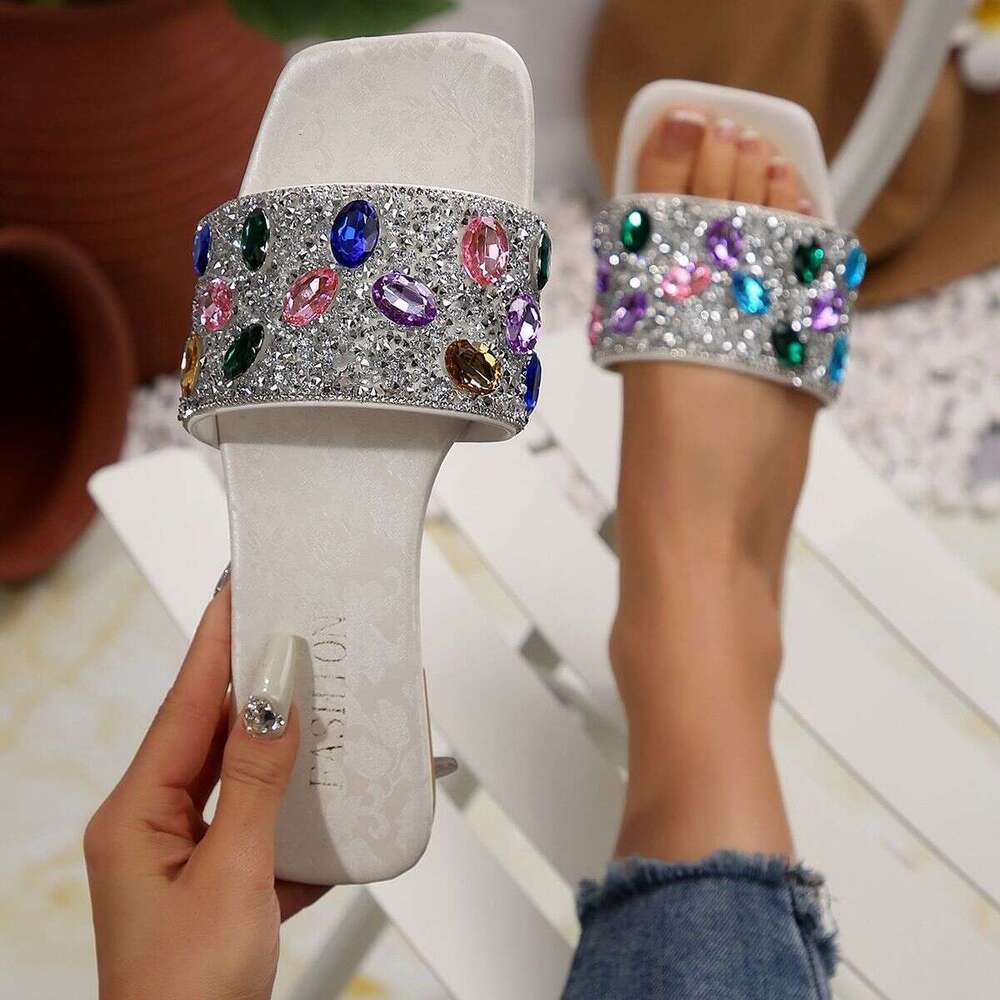 Designer Sandals, Large Flat Slippers, Women's Casual Outerwear, Round Head, One Word Water Diamond, One Step Stepping Lazy Slippers, Free Shippi