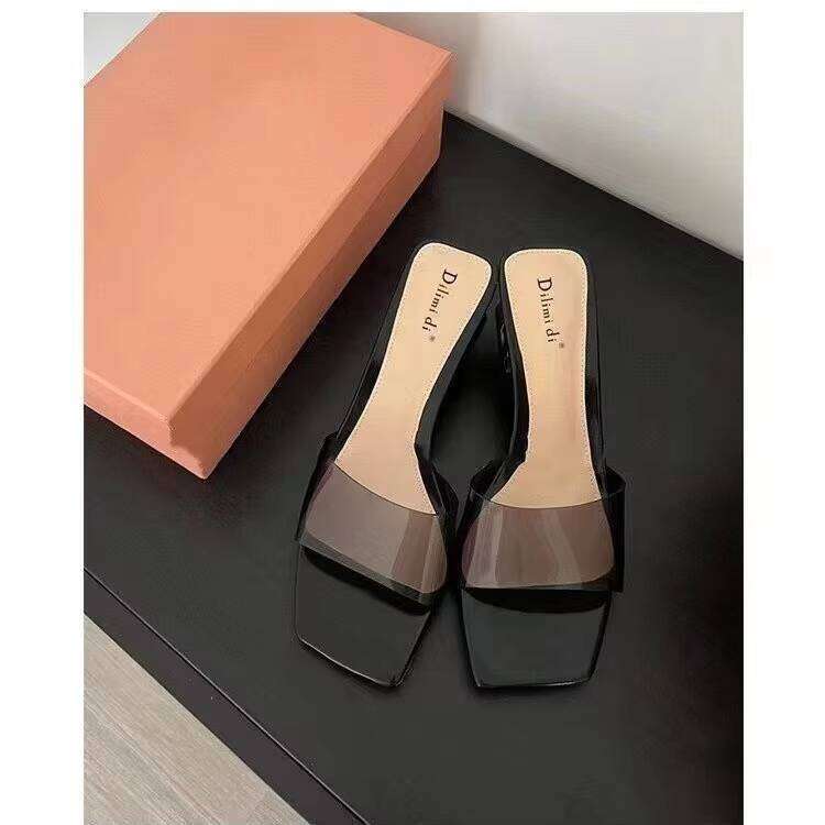 Womens Summer New Style Chunky High Heel Square Open Toe Sandals Transparent Crystal Slippers for Outdoor Wear