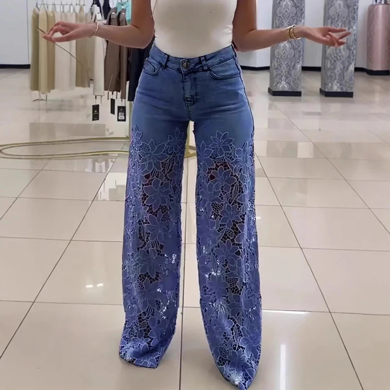Streetwear Button Pocket Denim Pants Woman Casual Crochet Spliced Lace Hollow Out Flower Jeans Spring Summer High Waist Trousers 250530
