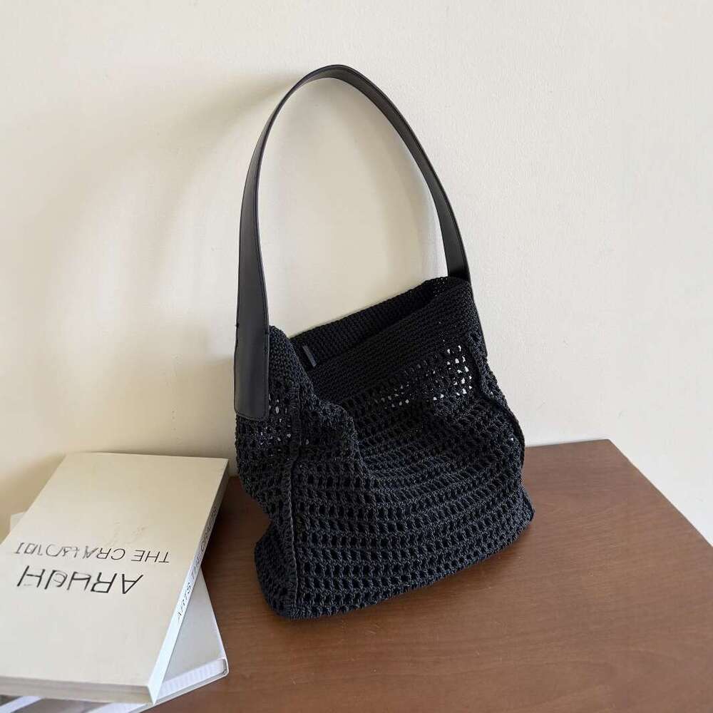 Tote Bag Leather Bag New Cotton Yarn Crochet Knitted Genuine Leather Simple Large Capacity Shoulder Handbag Beach Vacation Hollow Out Bag Shoulder Bag