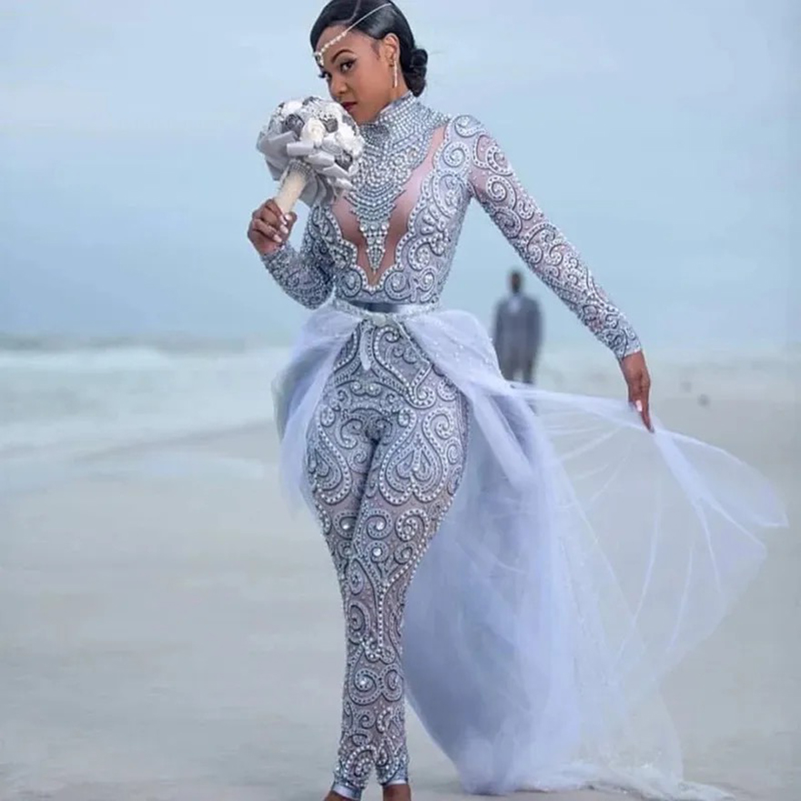 Wedding Dress Plus Size Jumpsuits Wedding Dresses With Detachable Train High Neck Long Sleeves African Beaded Bridal Gowns