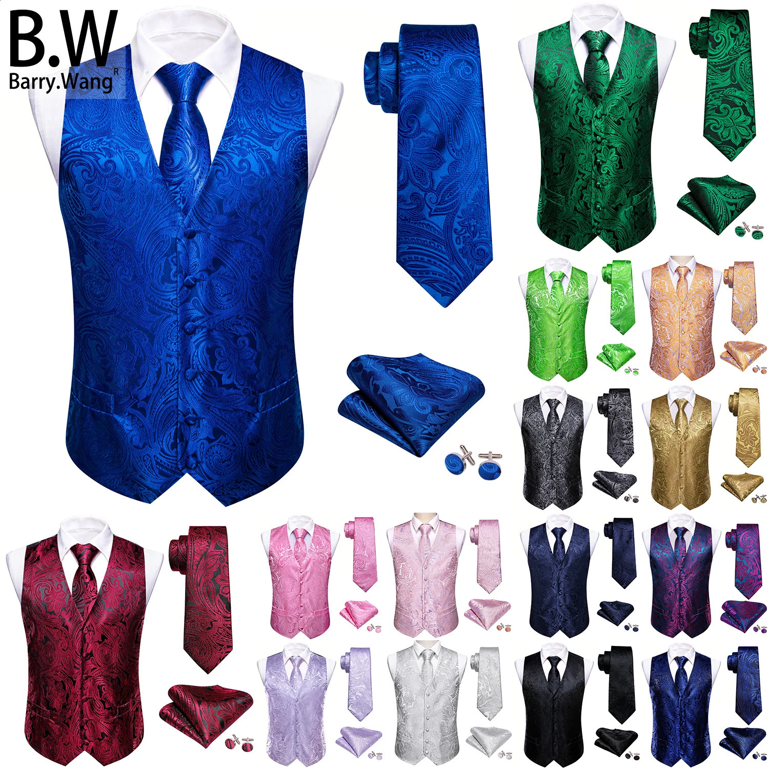 BarryWang 100 Colors Silk Men Vest Paisley Floral Waistcoat Tie Hanky Cufflinks Set Jacquard Sleeveless Jacket Wedding Business 250529
