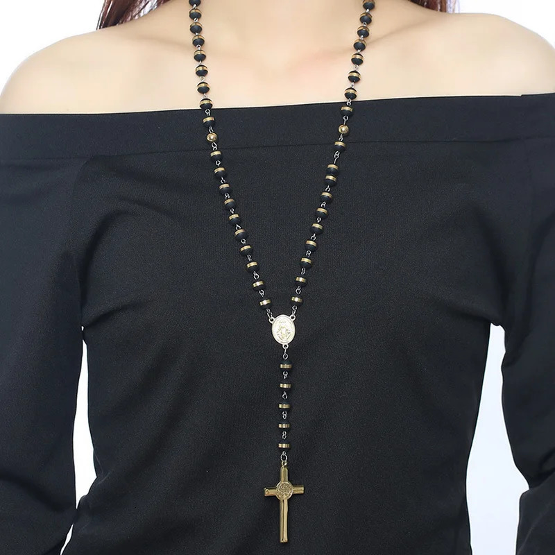 Vnox Black Gold Color Beads Long Rosary Necklace for Women Men Stainless Steel St Benedict Cross Pendant Sweater Chain Unisex 250530